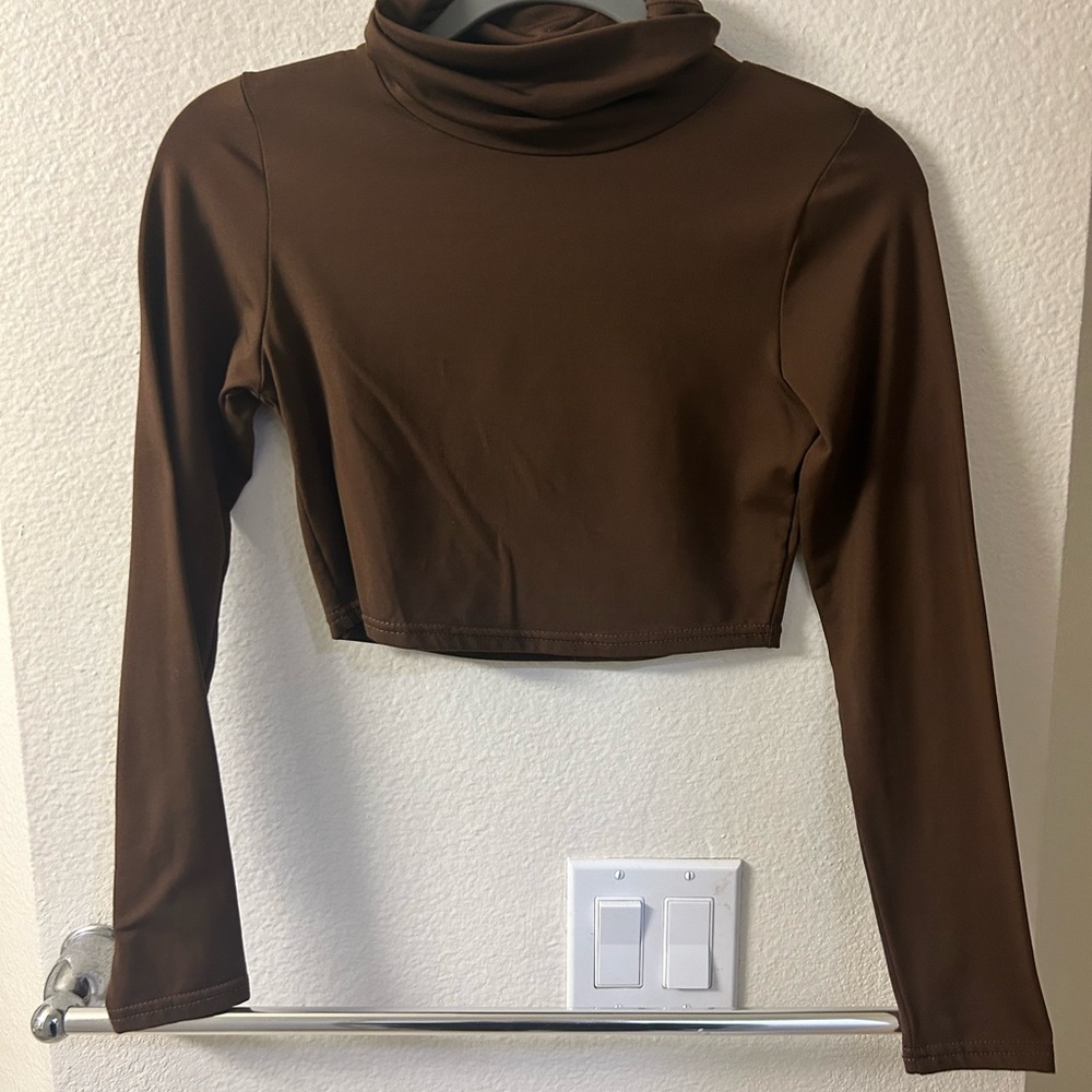 Brown Long Sleeve Turtleneck Crop Top